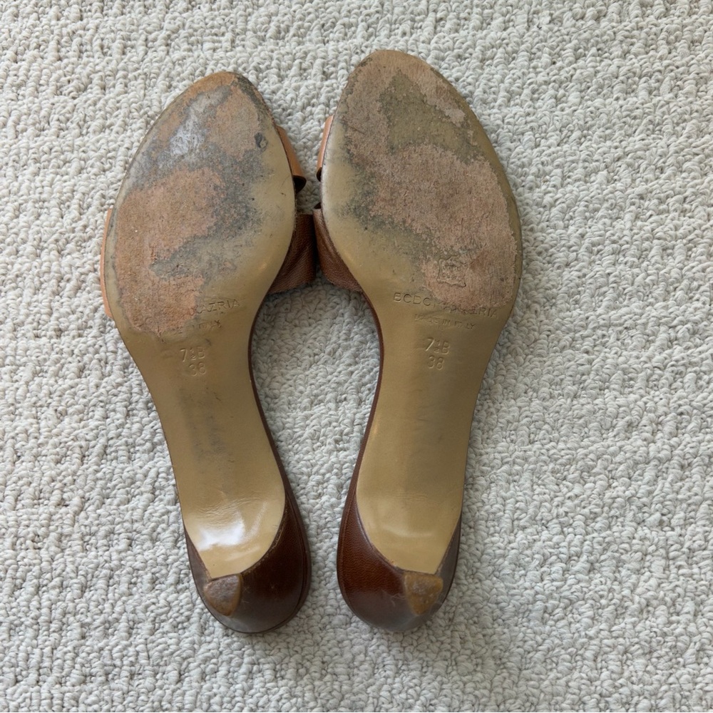 BCBGMaxAzria Brown and Tan Leather Knot Mule Heels - Picture 3 of 14